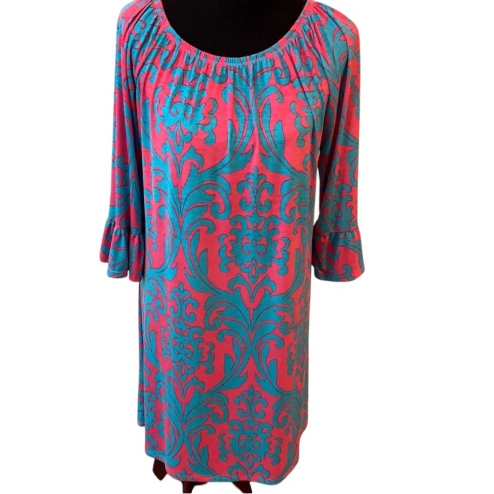 Blue & Pink Damask Print Long Sleeve Loose Fit Boutique Dress Women’s Large